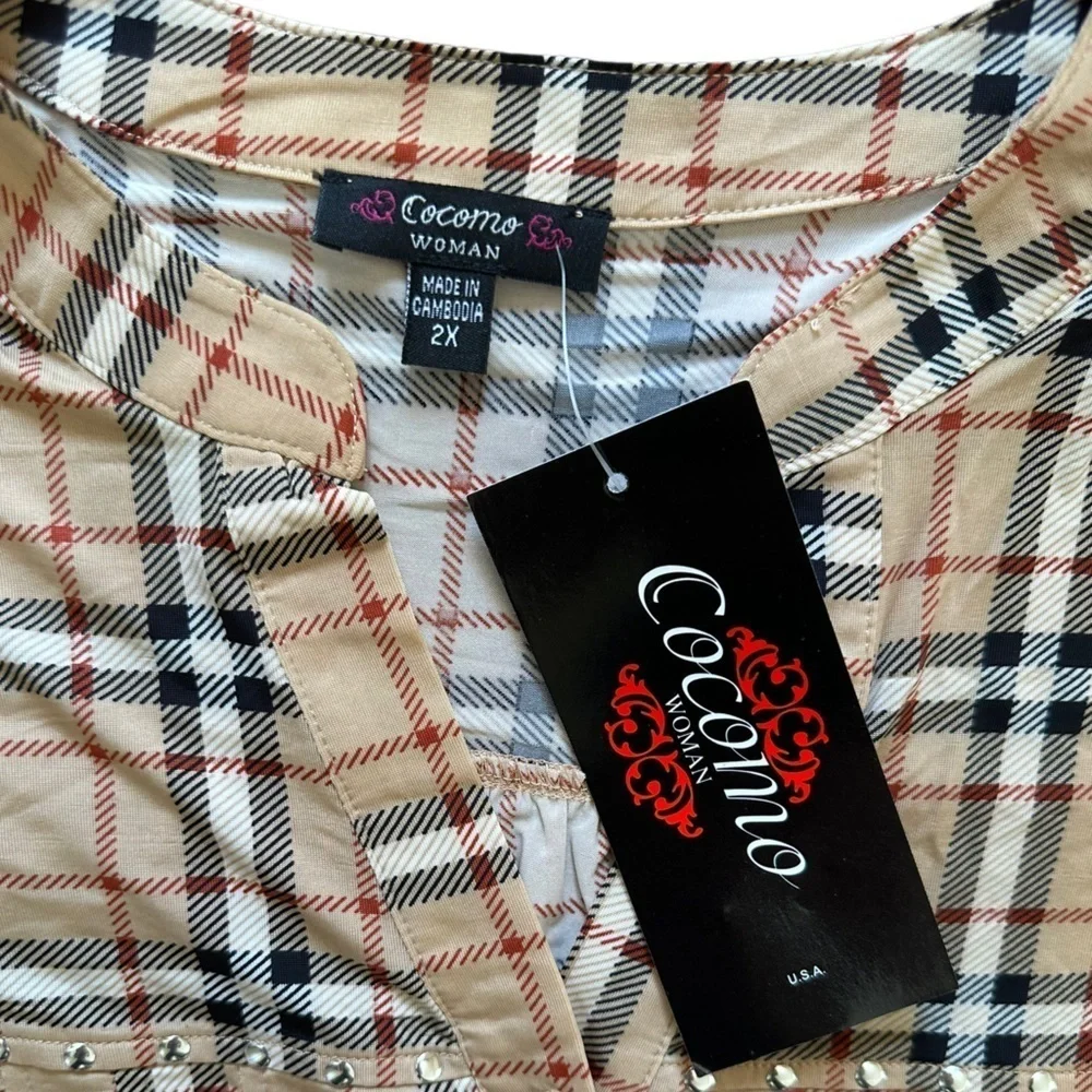 COCOMO 2X Beige Red Black Studded Plus Size 3/4 sleeve women’s Pintuck B… - Picture 6 of 10